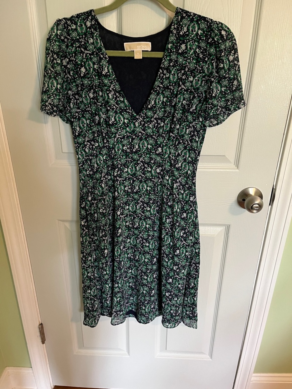 Michael Kors Dark Green Paisley V-Neck Mini Dress